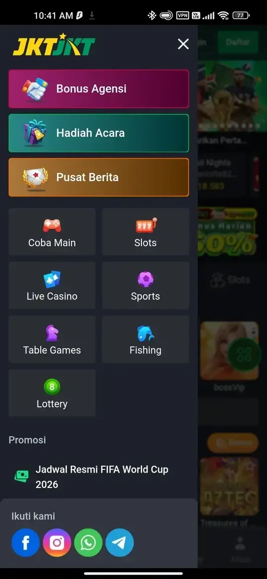 JKTJKT menu utama dan kategori permainan